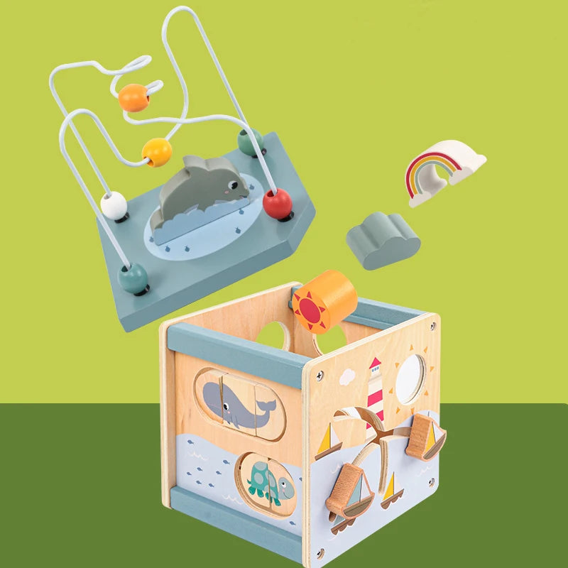 Wooden Activity Cube for Toddlers 5in1 Animal Shape Sorter